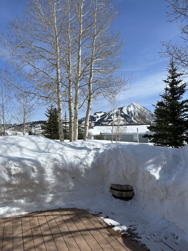 A snow-covered deck with a wooden barrel, leafless trees, and a mountain in the background.