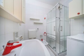 Shower, hair dryer, bidet, towels