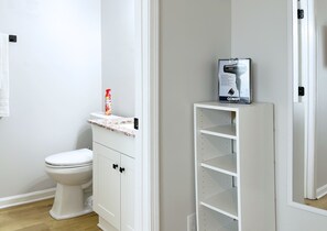 Hair dryer, towels, soap, shampoo