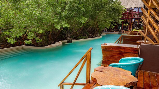Une terrasse en bois avec une piscine, entourée d’une végétation luxuriante.