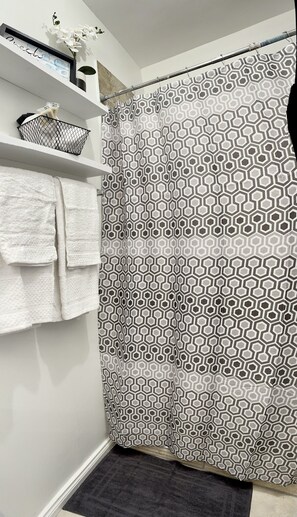 Shower, towels, soap, toilet paper