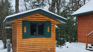 Een klein houten huisje met een groen dak en ramen, omgeven door sneeuw en bomen.