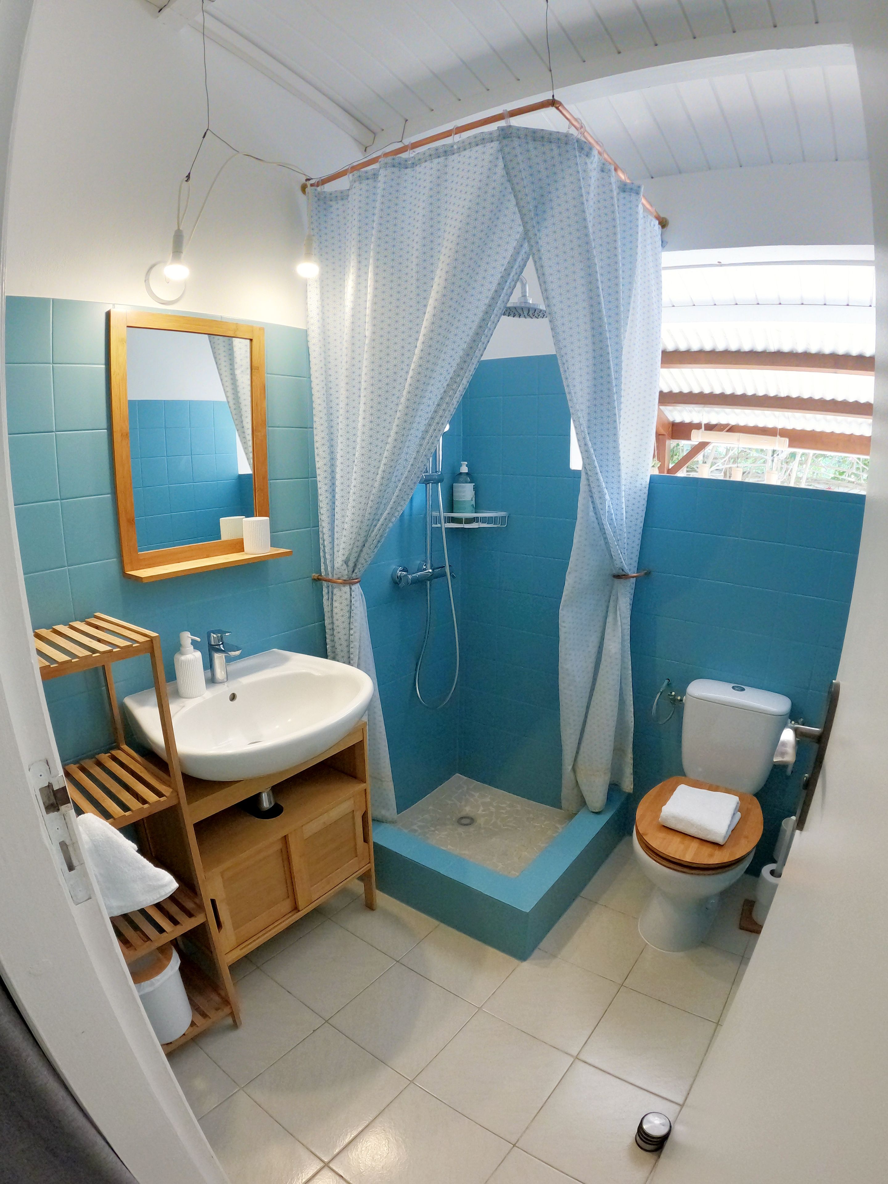 Une salle de bain équipée d’une douche, de toilettes, d’un lavabo et d’un miroir.