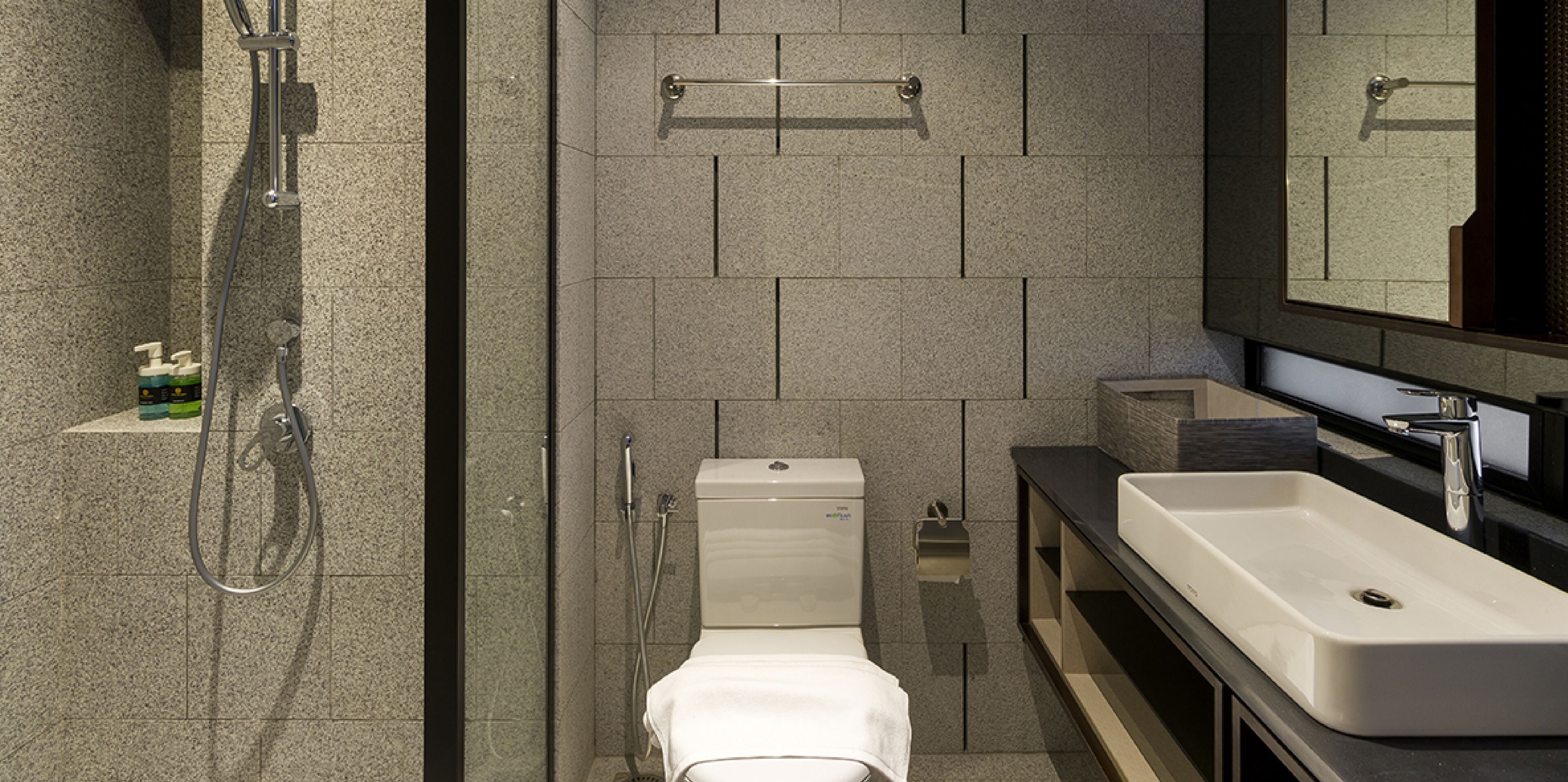 A modern bathroom with a shower, toilet, sink, and a mirror.