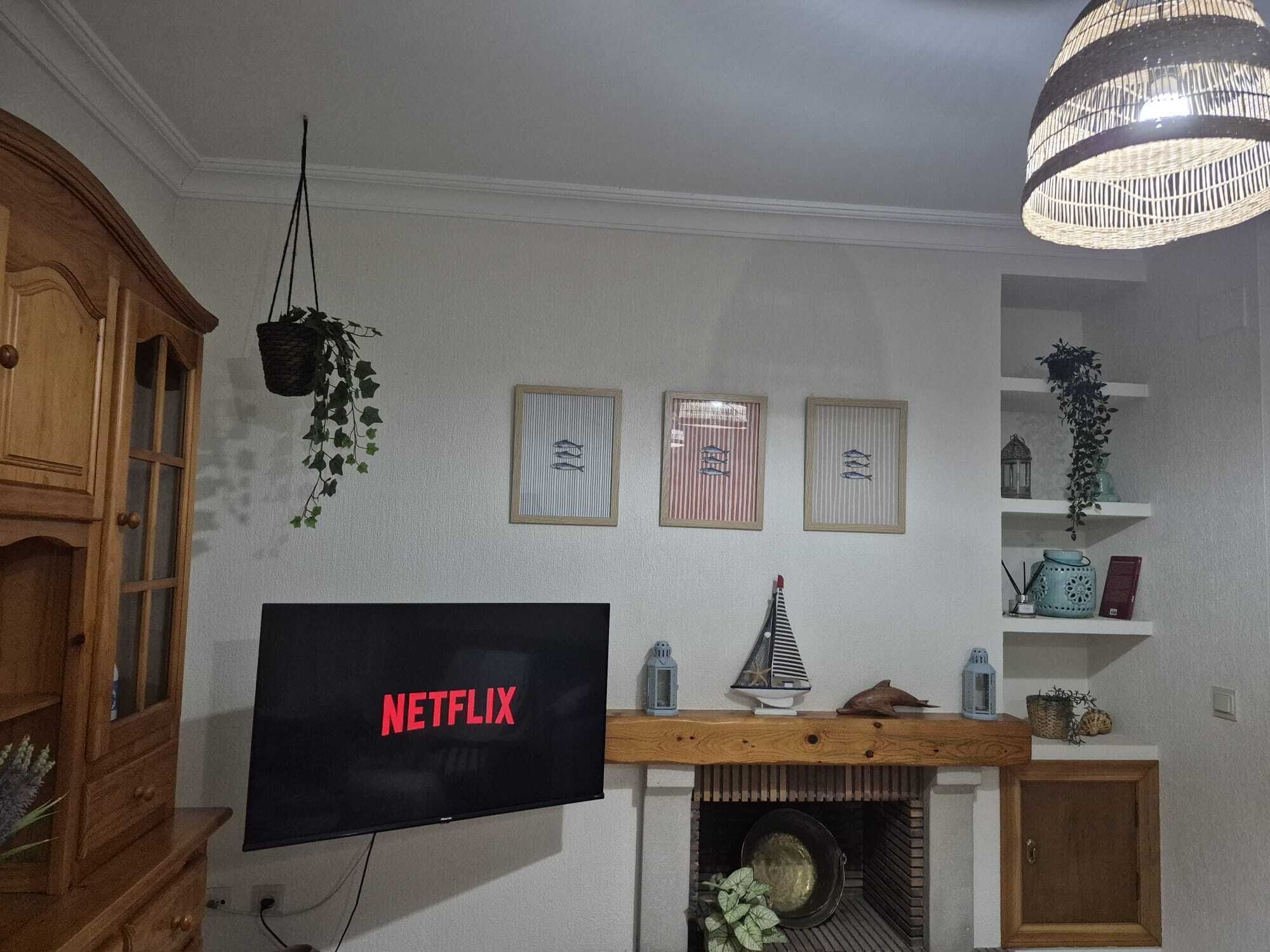 A living room with a TV displaying 'NETFLIX,' a fireplace, and wall-mounted decorations.