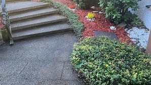 Un escalier en pierre menant à un bâtiment, entouré d’un jardin où poussent différentes espèces de plantes et agrémenté d’une clôture en métal décorative.
