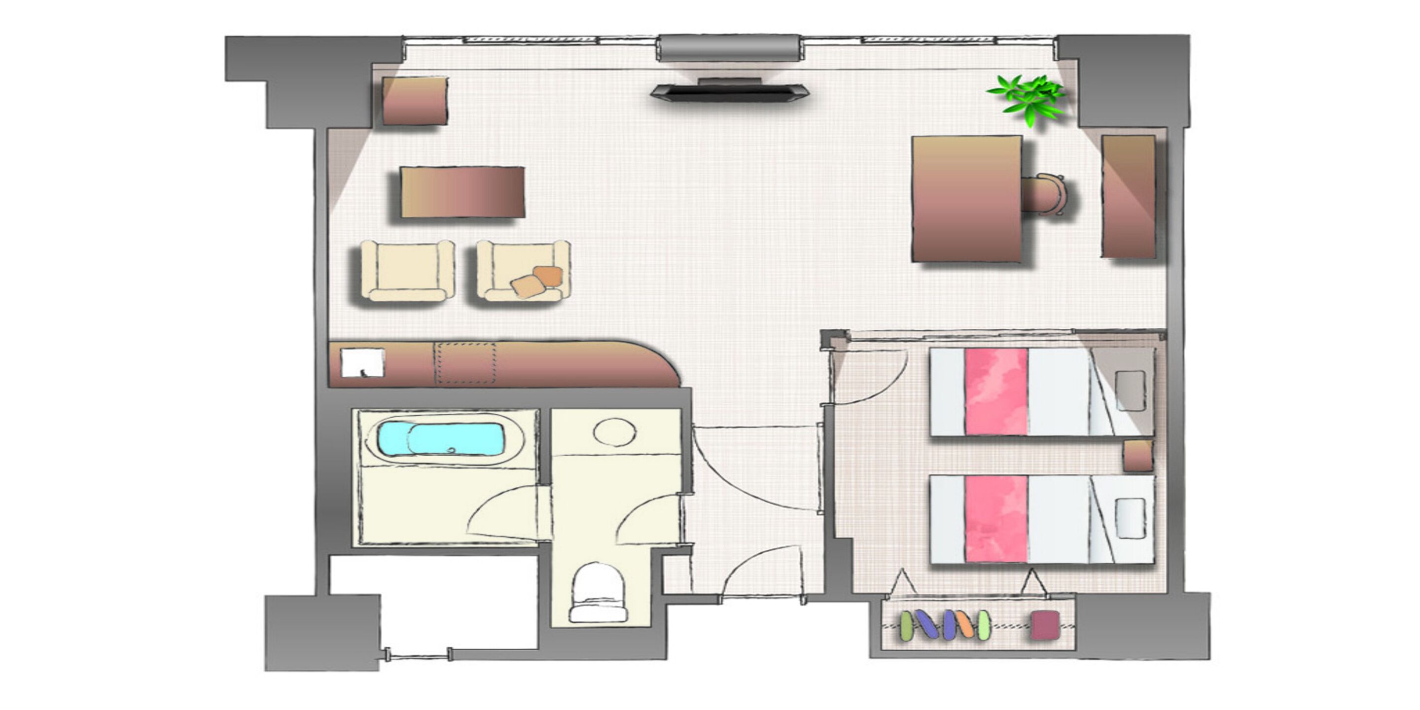 A hotel room layout with a bed, a desk, a chair, a TV, a bathroom, and a small balcony.