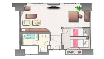 A hotel room layout with a bed, a desk, a chair, a TV, a bathroom, and a small balcony.