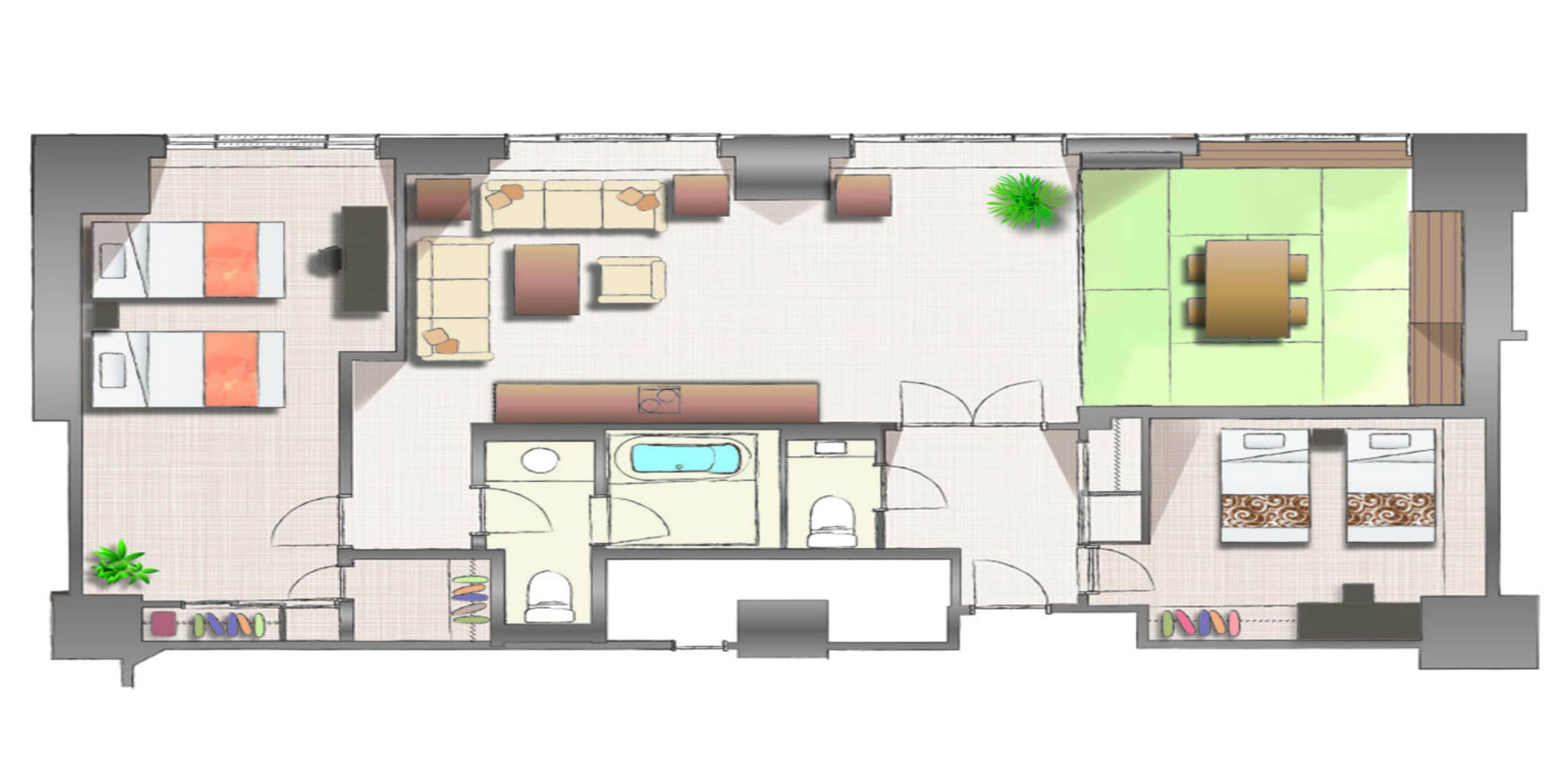 A floor plan of a hotel with a pool area, multiple bedrooms, a kitchen, and a dining area.