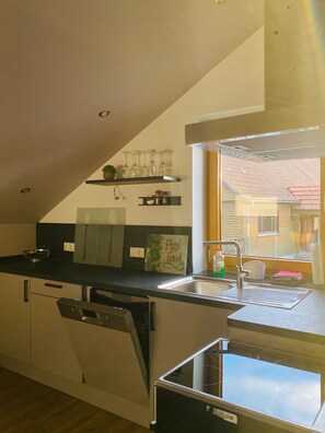 Una cocina moderna con lavavajillas integrado, un lavamanos de acero inoxidable y una ventana con vistas a una zona residencial.