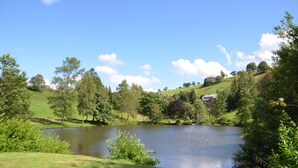 Un lago tranquillo circondato da vegetazione lussureggiante e colline.