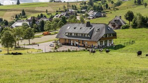 Paesaggio rurale con un edificio in evidenza, caratterizzato da un tetto spiovente, numerose finestre e un portico.