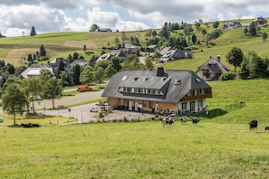 Un paysage rural avec un bâtiment imposant doté d’un toit en pente, de nombreuses fenêtres et d’un porche.