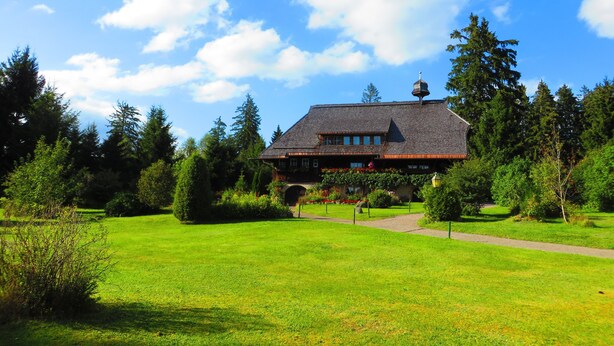 A large building with a steep roof, surrounded by a well-maintained lawn and dense trees. - Apartment 'Sport Rees - Stefanie' with Mountain View, Shared Terrace & Wi-Fi (Oberried-Hofsgrund)