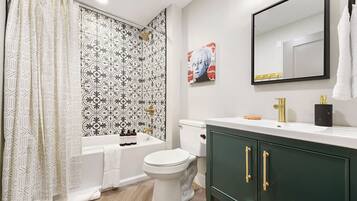 Eco-friendly toiletries, hair dryer, towels