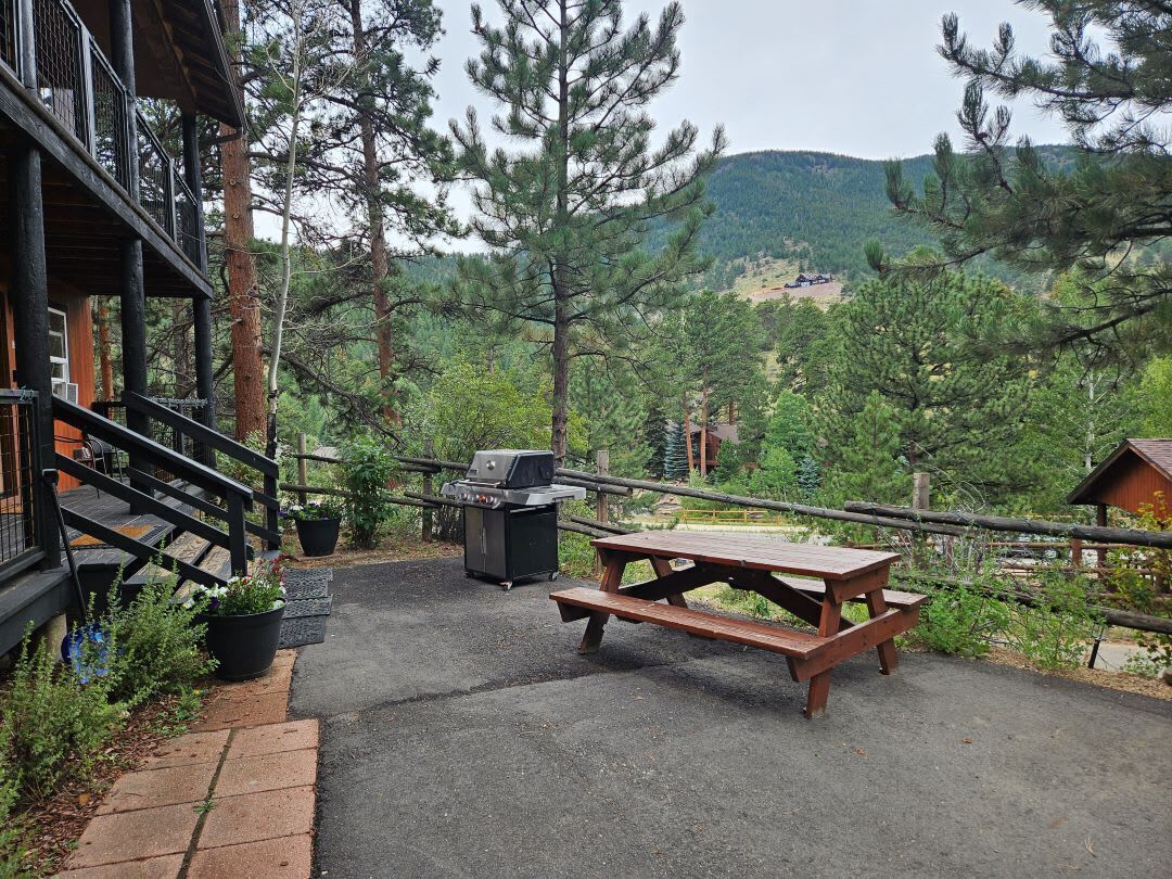 Un terrazzo in legno con tavolo da picnic e barbecue, immerso tra alberi e con vista su una montagna.