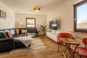 Smart TV, fireplace, books