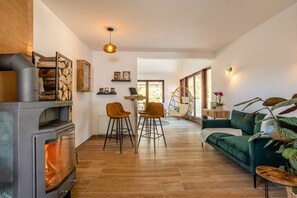 Smart TV, fireplace, books