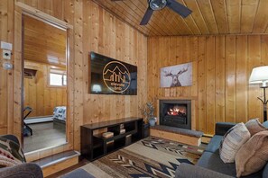 Télévision, cheminée, lecteur de DVD, espaces bureaux