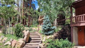 A wooden staircase leading to a cabin surrounded by trees and rocks.