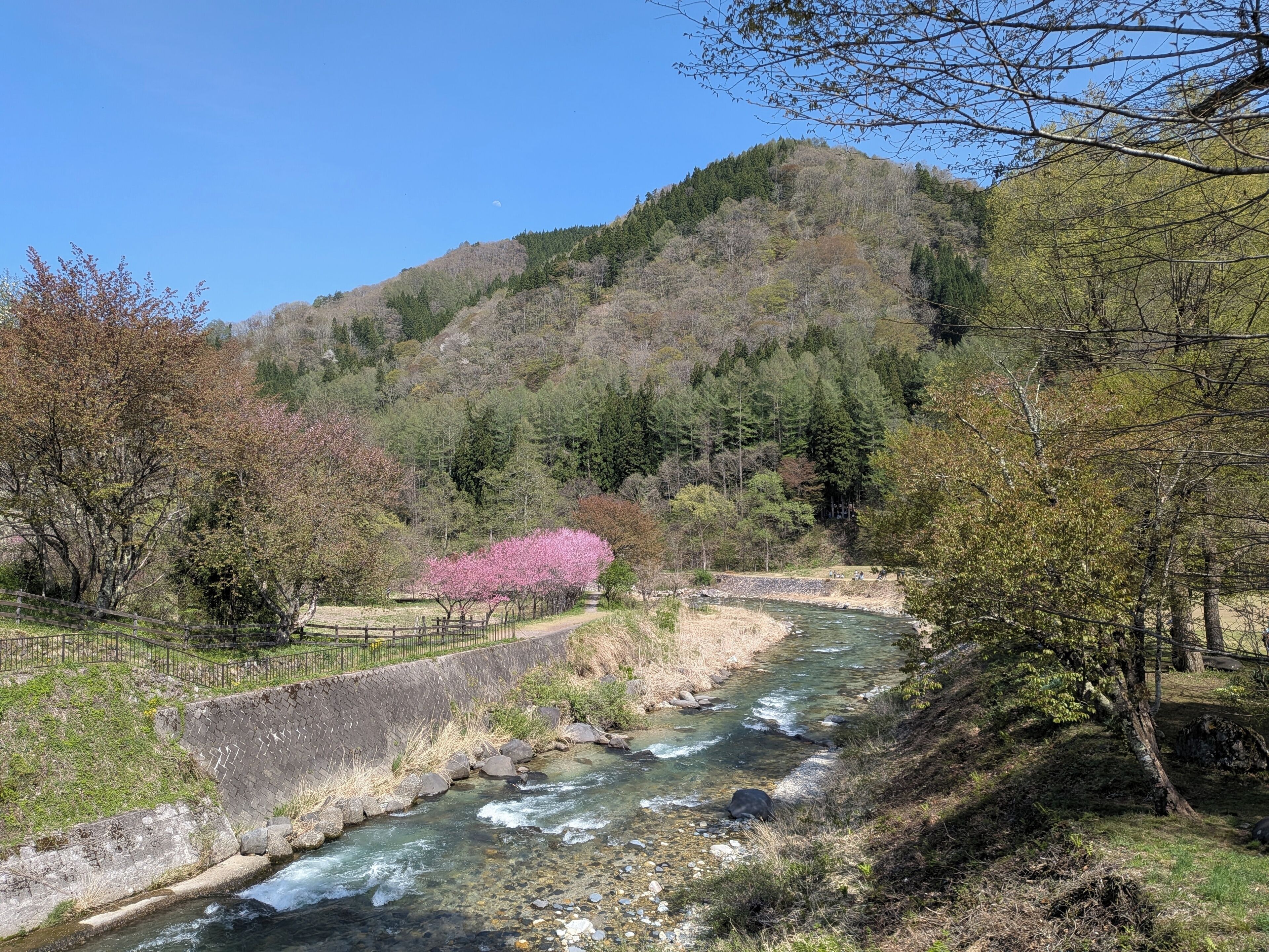 Um rio serpenteando por uma área arborizada, com um muro de pedra de um lado e céu claro acima.
