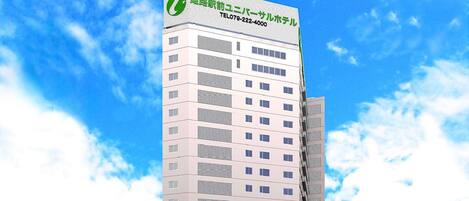 A modern multi-story hotel with a prominent green logo and contact number on the facade.
