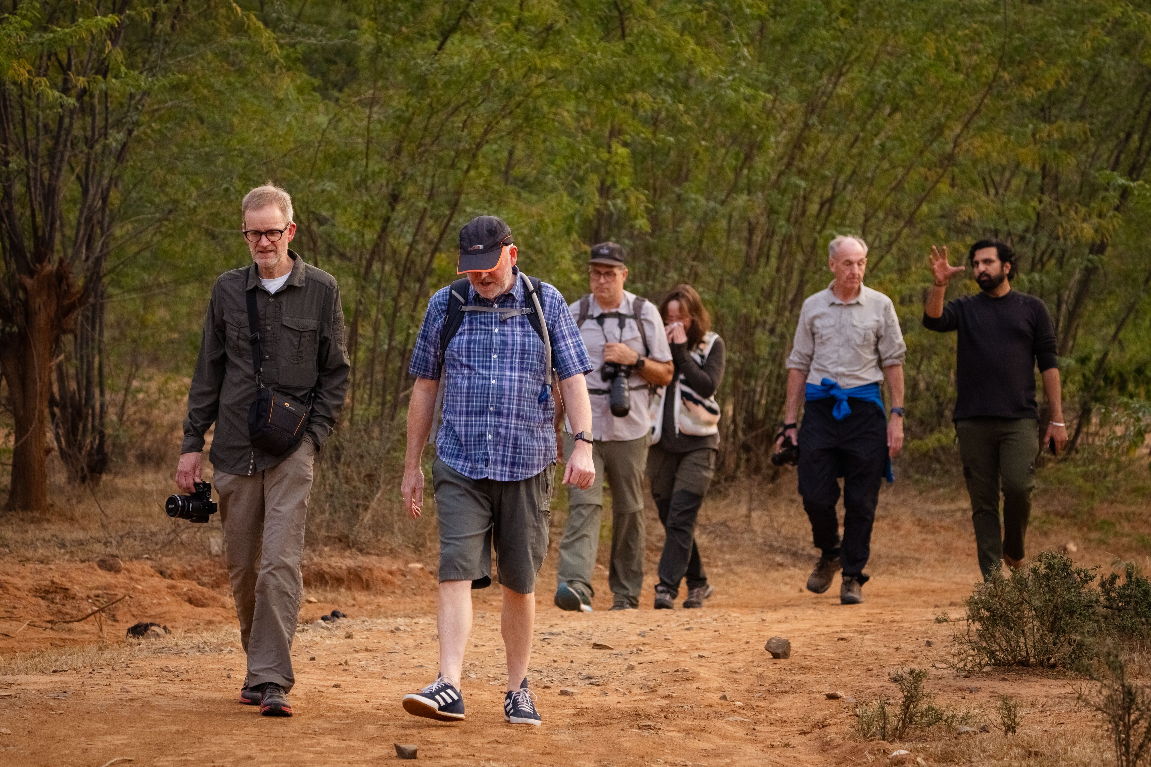 A group of people walking on a dirt path surrounded by trees.