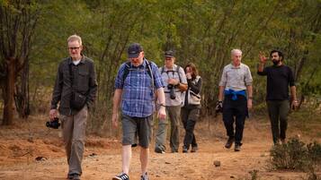 A group of people walking on a dirt path surrounded by trees.