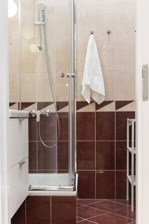 Hair dryer, towels, soap, shampoo