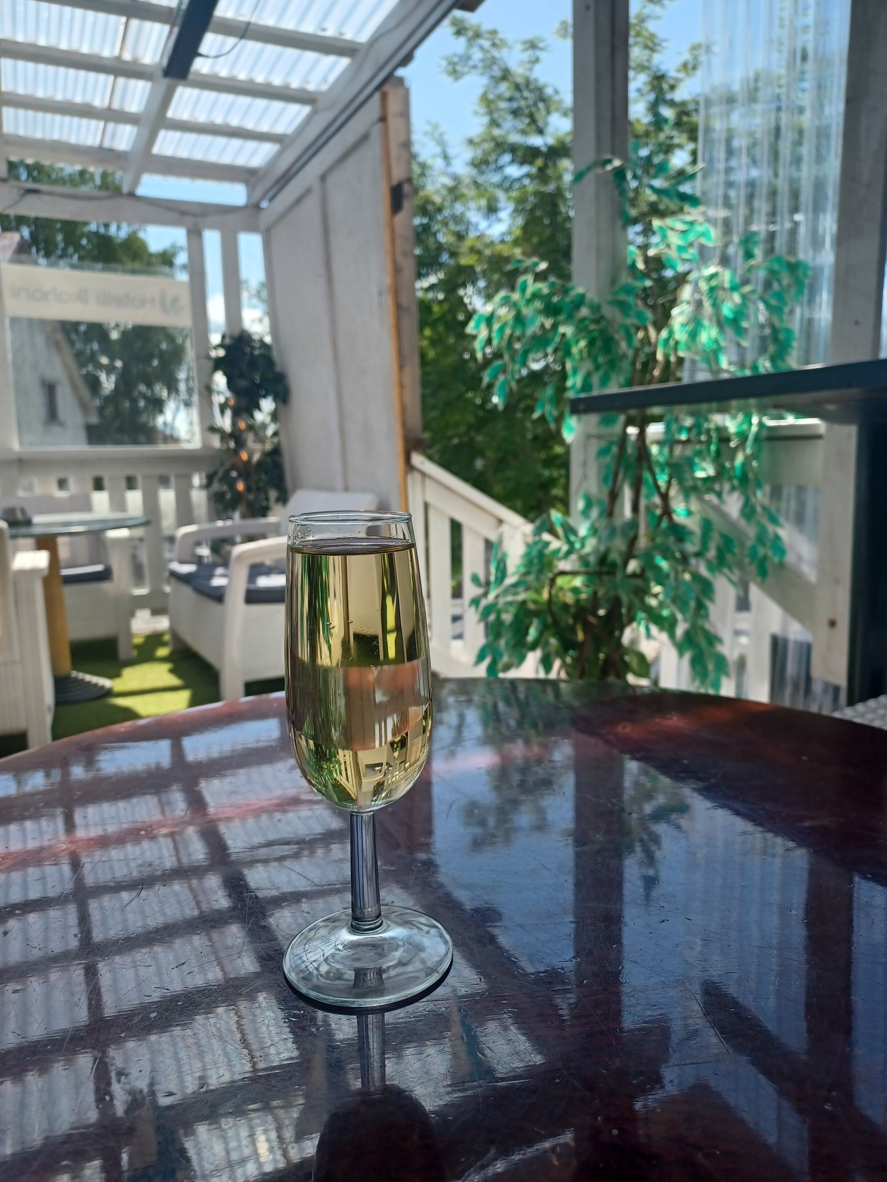 Un verre de vin blanc sur une table dans une pièce baignée de lumière, avec vue sur la verdure et un bâtiment en arrière-plan.