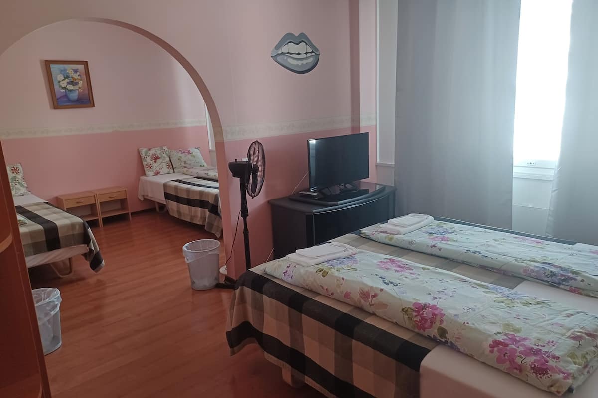 A bedroom with two beds, a TV, a fan, and a window.