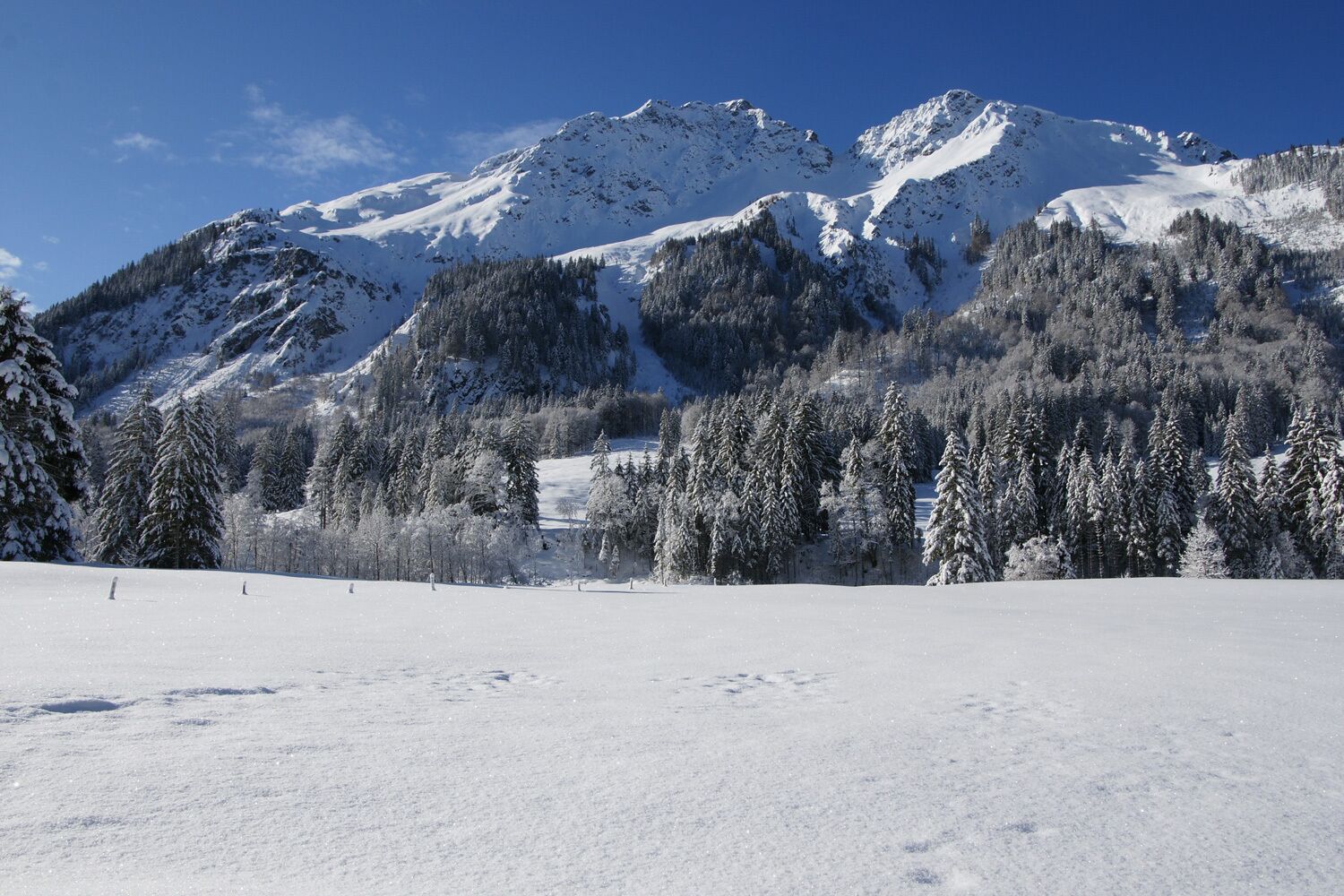 A snow-covered mountain landscape with a clear sky.