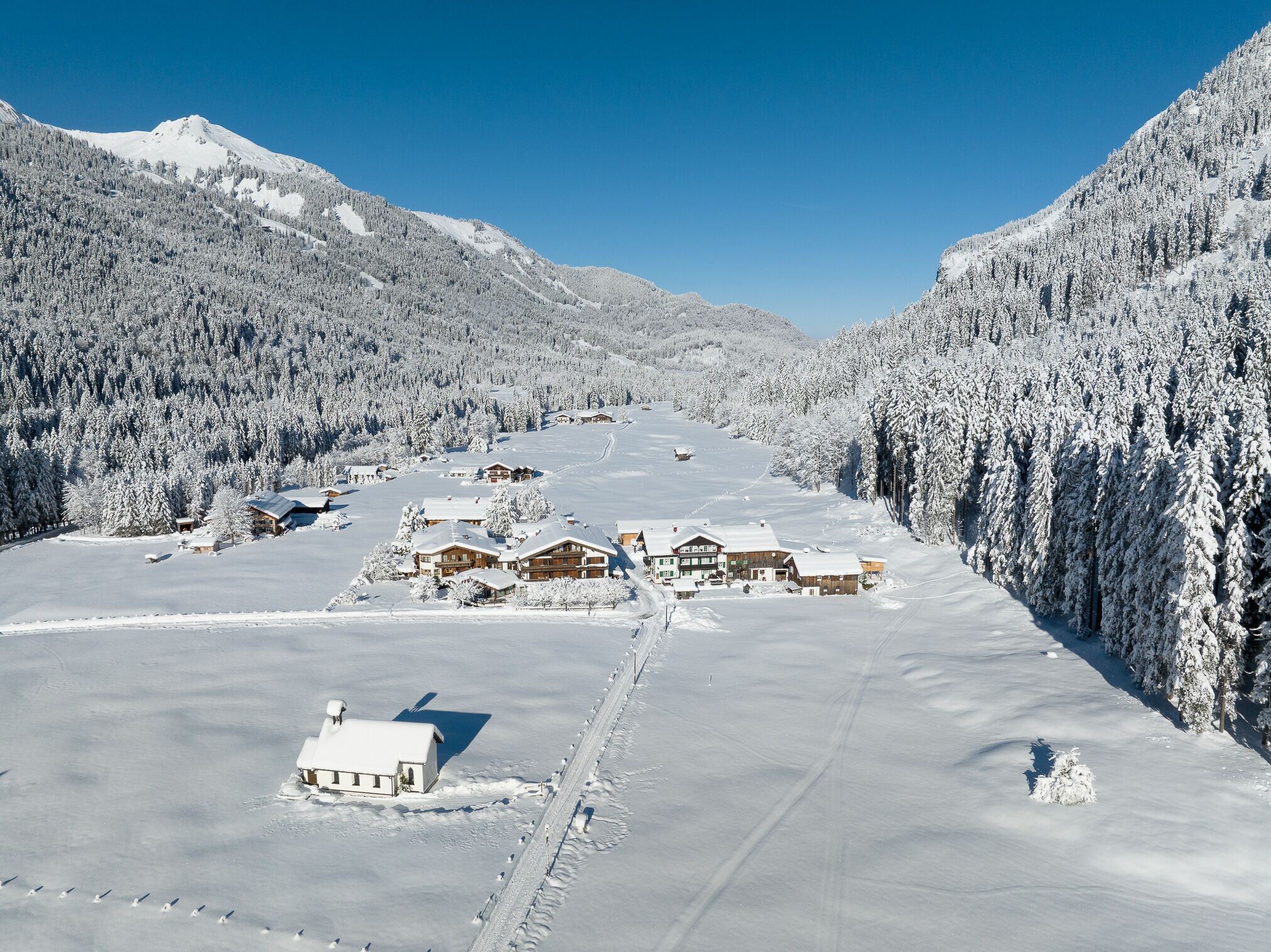 A snow-covered mountain lodge with multiple buildings, a ski slope, and dense forest.