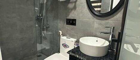 A modern bathroom with a glass-enclosed shower, a toilet, a sink with a marble countertop, and a mirror.