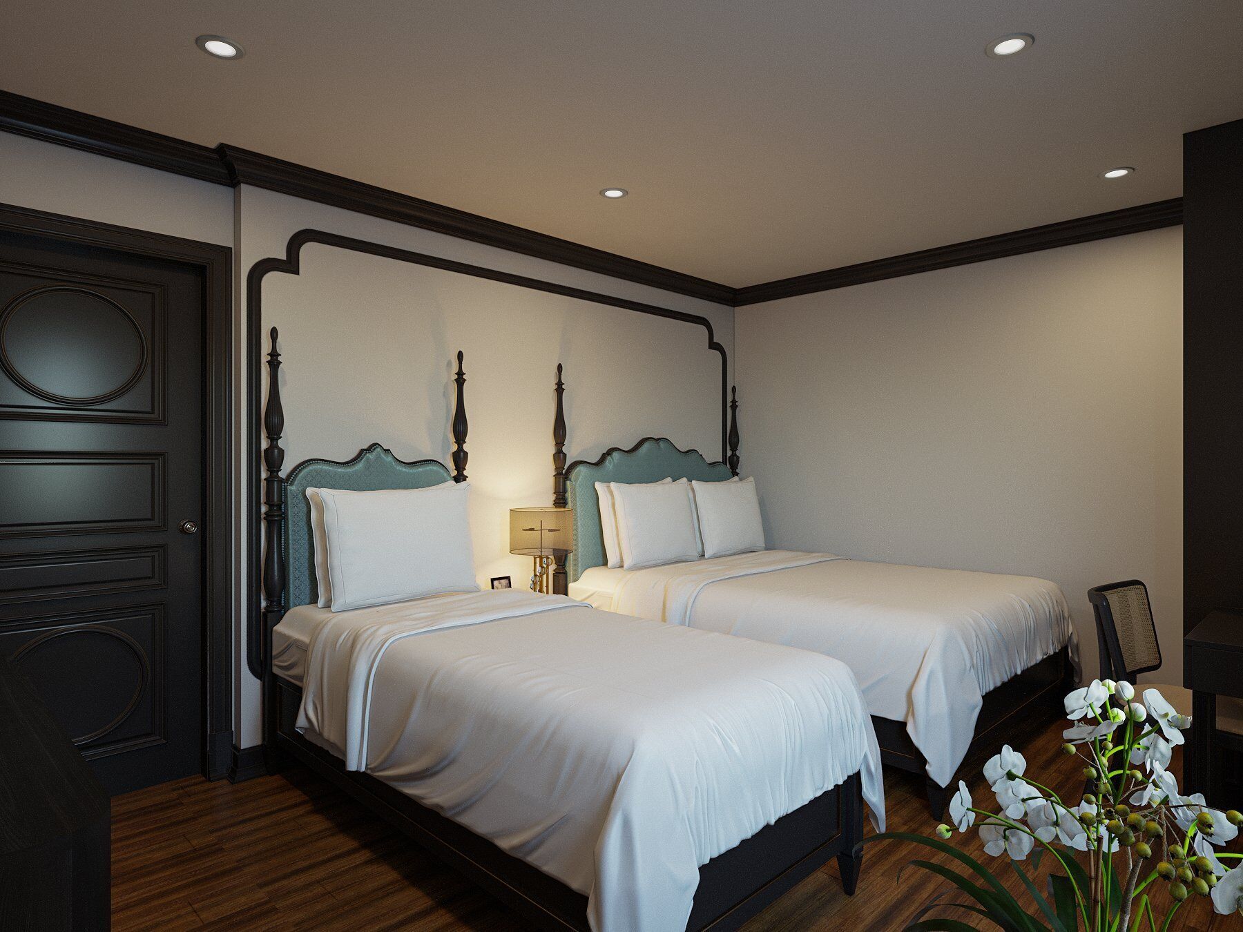 A hotel room with two beds, dark wood flooring, a dark wooden door, and a wall-mounted light fixture.