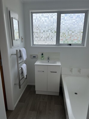 Hair dryer, towels, soap, shampoo