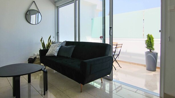 Una sala de estar moderna con un sofá negro, una mesita redonda y una planta en maceta.
