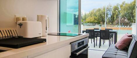 Fridge, microwave, oven, stovetop