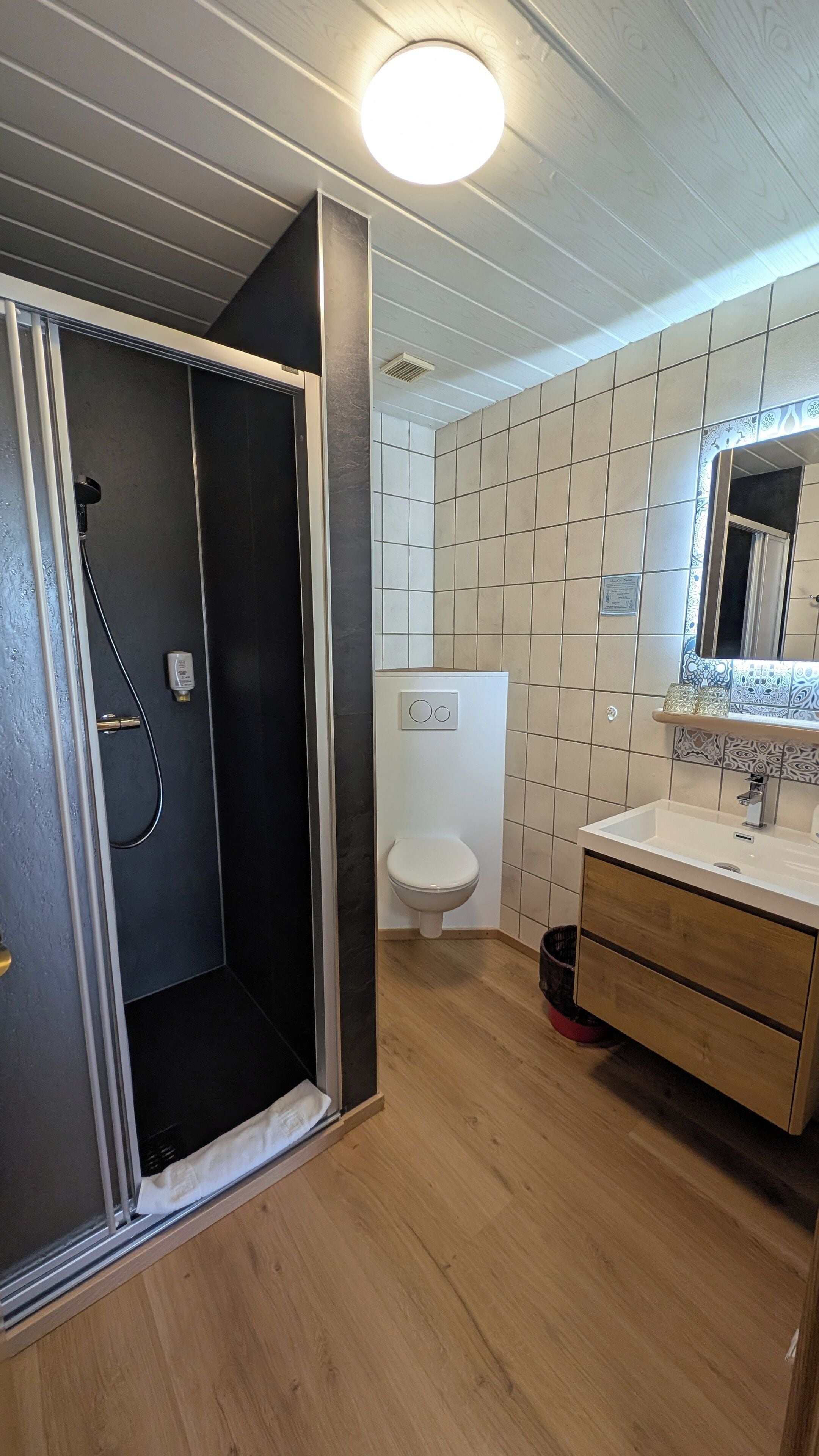 A bathroom with a shower, toilet, and vanity.
