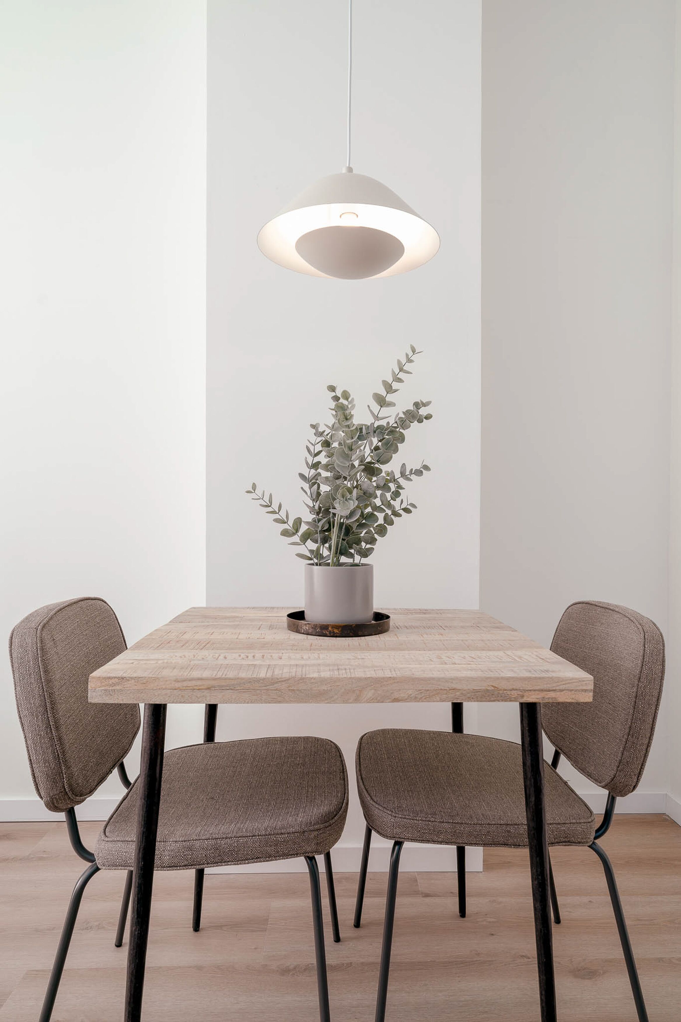 Een eethoek met een houten tafel, twee stoelen, een plant in pot en een hanglamp.