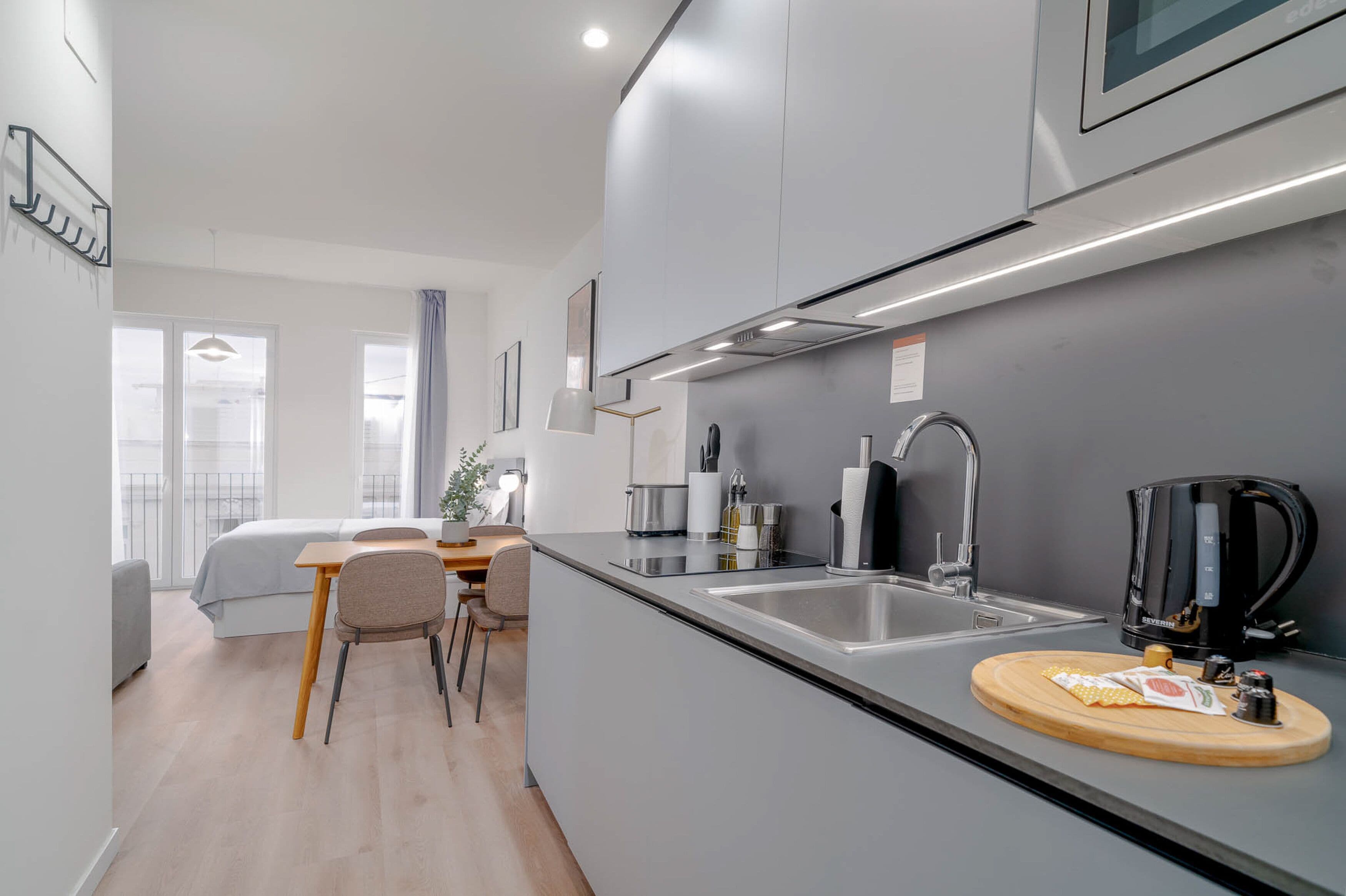 Fridge, microwave, stovetop, espresso maker