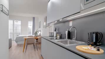 Fridge, microwave, stovetop, espresso maker
