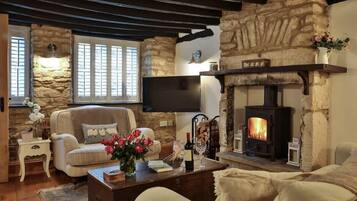 Televisión, chimenea y oficina