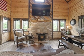 Smart TV, fireplace, foosball