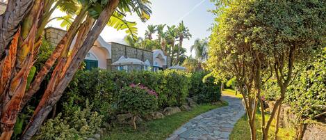 A stone pathway leading through a lush garden with tropical plants and a stone building with a white facade and green shutters.