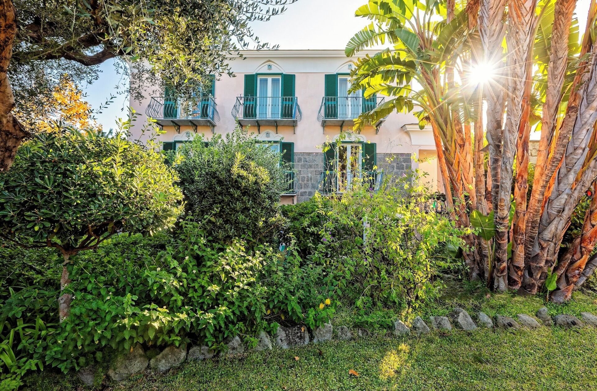 A building with a stone facade, green shutters, and a garden with various plants and a palm tree.