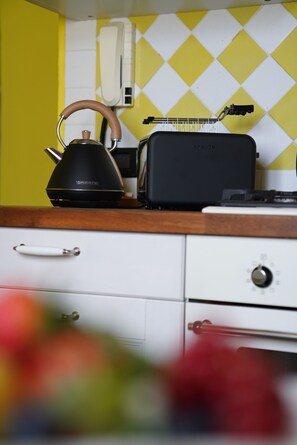 Frigorífico, horno, placa de cocina y hervidor eléctrico