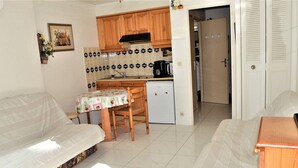 A compact living space with a kitchenette, a dining table, and two sofas.