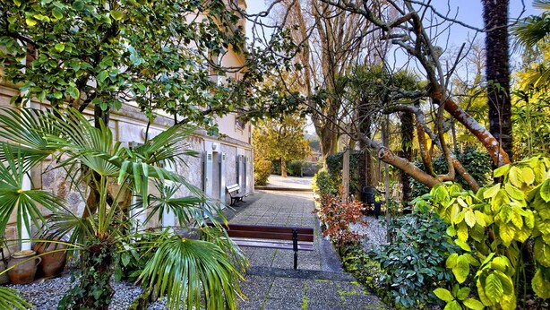 Un patio con un sendero de grava, bancos y abundante vegetación, incluyendo palmeras y diversos arbustos.