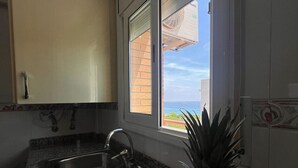 A kitchen with a double sink, a window with a view of the ocean, and a pineapple on the counter.